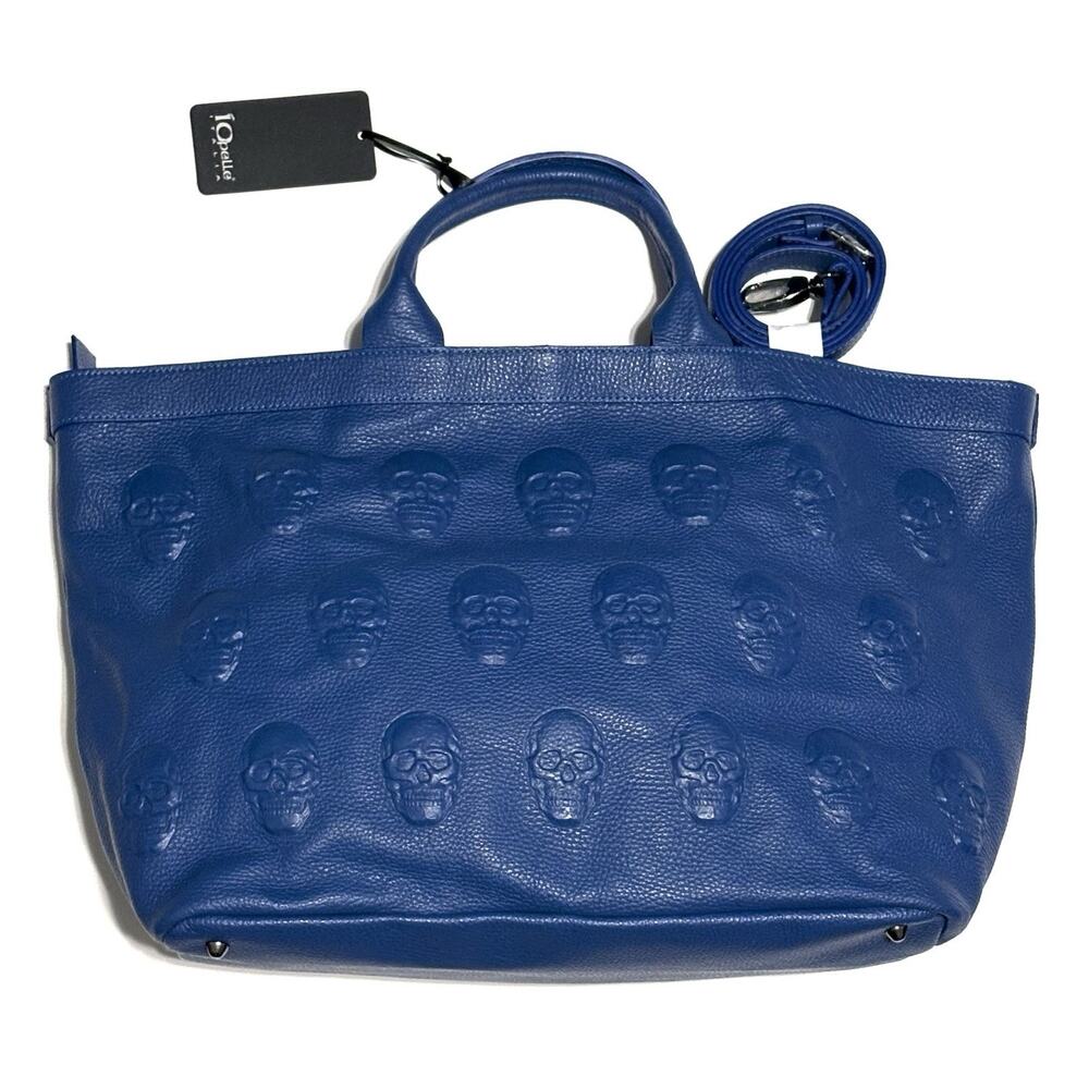 IO PELLE Skull Embossed Blue Leather Tote Bag XL Weekender Crossbody Strp NWT - Picture 13 of 14